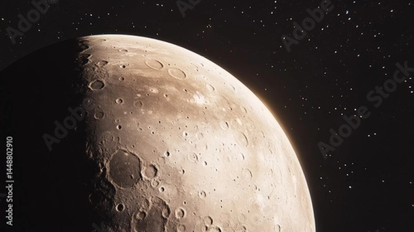 Fototapeta A close up of a planet with a large moon. The planet is a large, round object with a lot of craters. The moon is smaller and is located near the center of the planet. The image has a sense of wonder