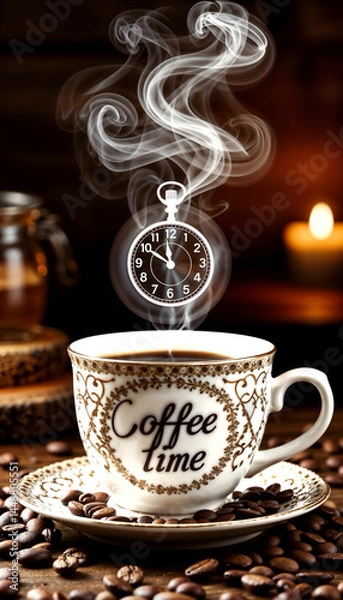 Obraz Steamed coffee cup in the form of a clock showing the time for coffee, cozy atmosphere, coffee time concept, warm colors.