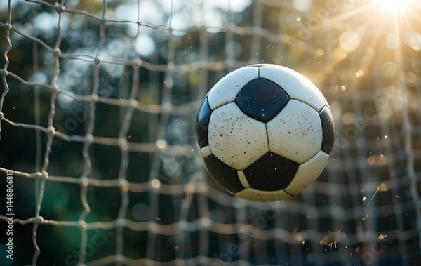 Fototapeta close-up of a soccer ball mid-air with a blurred goal net in the background, soccer ball in air with goal net
