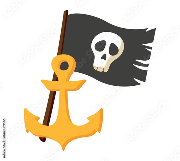 Obraz Black torn flag with Skull, golden Anchor for children books, party decorations, games and graphic. Pirate image. Buccaneer, yellow hook. Isolated on white background. Flat style. Vector illustration