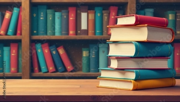 Fototapeta Colorful illustrations of books stacked on a table, bookshelf, paper, reading