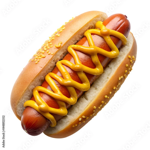 Fototapeta Delicious hotdog with mustard ready to be eaten quickly now isolated on transparent background.