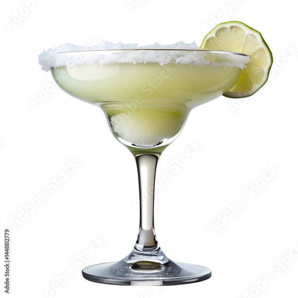 Fototapeta Refreshing margarita cocktail with lime and salted rim design isolated on transparent background.