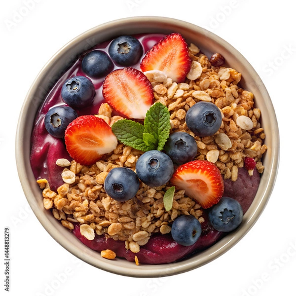 Fototapeta Delicious acai bowl with fresh fruits and granola topping here isolated on transparent background.