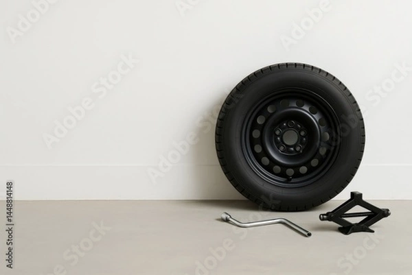 Fototapeta Black spare tire and jack placed on a smooth floor in a minimal setting