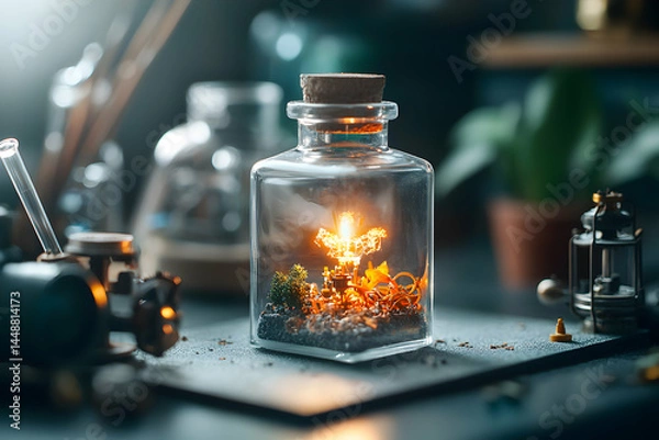 Fototapeta A glowing miniature world in a glass bottle. This whimsical creation would be a captivating decorative element for any interior space. It embodies curiosity and imagination.