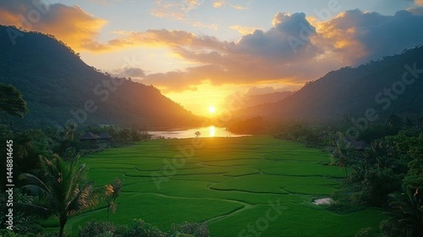 Obraz Serene sunset over lush rice paddies