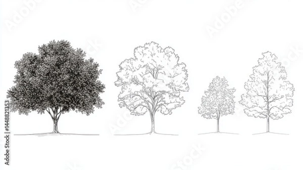 Obraz A 4K photo of minimal style cad tree line drawing, Side view, set of graphics trees elements outline symbol for architecture and landscape design drawing. Vector.