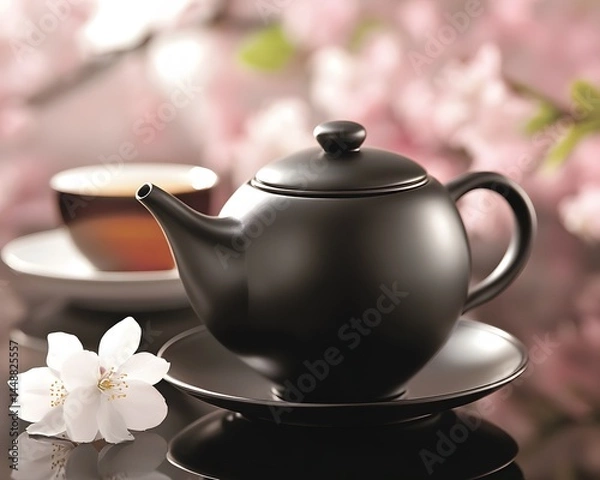 Fototapeta Elegant Black Teapot with Cherry Blossoms Still Life