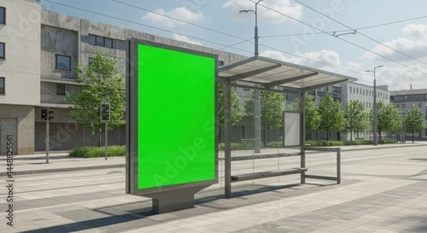 Obraz Blank billboard PSD. Empty bus stop with green billboard on urban street
