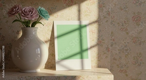 Fototapeta Polaroid photo frame. Vase with flowers and blank frame on patterned background