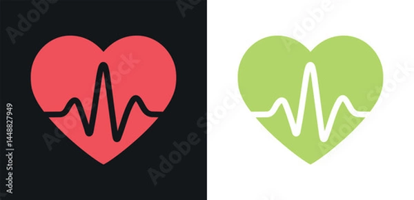 Fototapeta Red and green heart with pulse line icon isolated on a black and white background. Heartbeat medical concept.