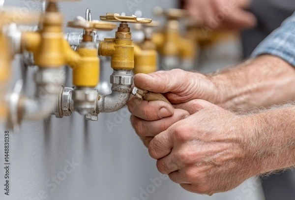 Fototapeta Technician Plugs Tap with Protective Cap to Shut off Water Supply System for Maintenance or Repair Work