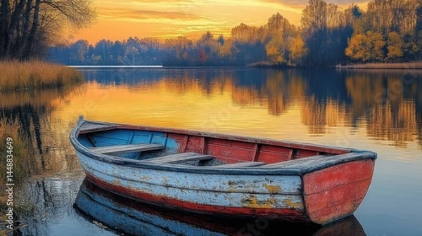 Fototapeta Tranquil autumn lake scene with weathered rowboat
