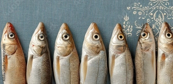 Fototapeta A row of shiny silver herring fish aligned on patterned blue fabric creating a unique banner-like design