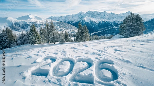 Obraz 2026 written in snow in mountain landscape. New Year and winter holiday concept.