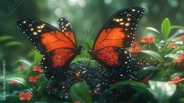 Obraz Two vibrant butterflies rest on a circuit board nestled in lush foliage