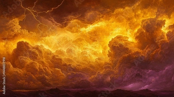 Fototapeta A painting of a stormy sky with orange and purple clouds. The sky is filled with lightning bolts and the clouds are dark and ominous. The mood of the painting is intense and dramatic