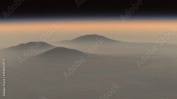 Fototapeta A mountain range is shown in the distance with a cloudy sky. The mountains are covered in mist and the sky is dark