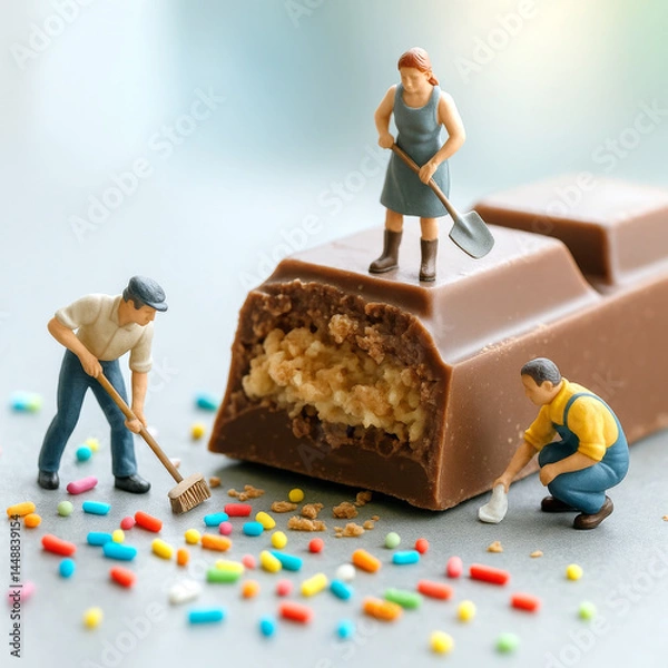 Fototapeta  Un grupo de trabajadores diminutos recoge grageas de colores frente a una gran barra de chocolate mordida, representando una limpieza dulce.
