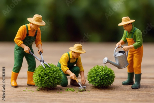 Fototapeta Tres jardineros en miniatura recortan, riegan y cuidan arbustos esféricos en una escena que evoca el arte del paisajismo en pequeño formato.
