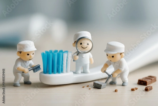 Fototapeta  Pequeños personajes limpian una gran cepillo dental con herramientas, representando una metáfora divertida sobre la higiene bucal.
