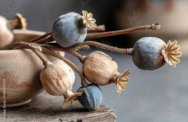 Fototapeta Dried poppy seed heads in a rustic terracotta dish, arranged on weathered wood showcasing delicate botanical textures