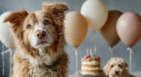 Fototapeta Dog celebrating birthday with cake and balloons in soft neutral tones, a furry friend's special day with party decorations
