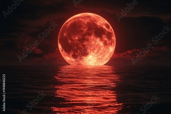 Fototapeta A large, red moon rising over a calm, reflective sea
