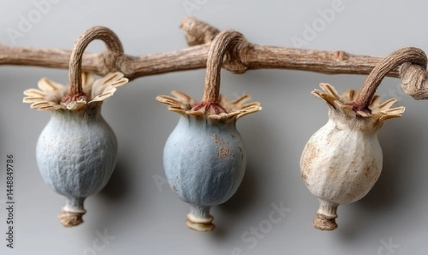 Fototapeta Three textured poppy seed pods hang on a branch showcasing botanical dryness and neutral tones for decorative design
