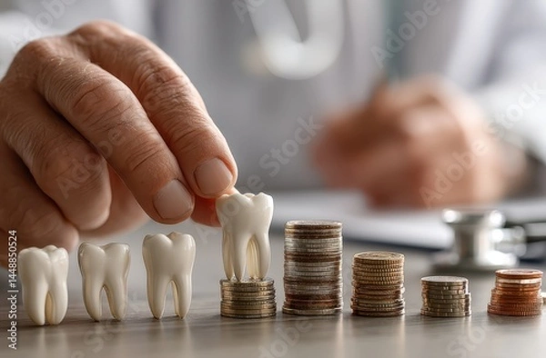 Fototapeta Dental Costs: Tooth Models and Coin Stacks Representing Investment in Dental Healthcare