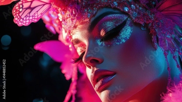 Obraz Studio portrait of a drag performer in extravagant costume and bold makeup, celebrating queer artistry and fearless self-expression with vibrant colors and dramatic lighting