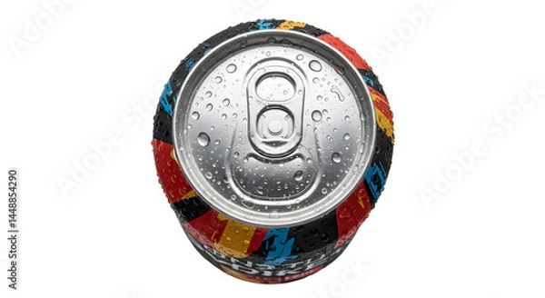 Obraz Top-down view of a refreshing soda can with condensation on transparent background