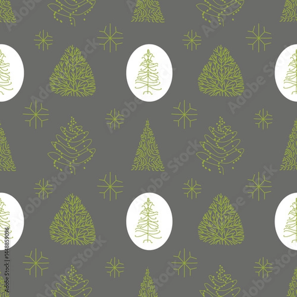Obraz Vector seamless pattern with Christmas trees, trees, bushes. Stylized, minimalist, hand-drawn trees. Simple, minimalistic background for web, print, wallpaper, wrapping paper, textile, scrapbooking.
