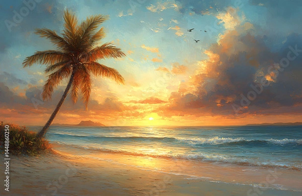 Fototapeta Golden beach sunset with palm tree art. Perfect for travel ads, vacation promos, summer campaigns, or tropical getaway themes. Impressionistic coastal serenity.