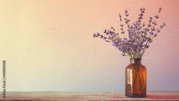 Fototapeta Glass bottle with lavender bouquet on wooden surface and pastel background. Aromatherapy theme.