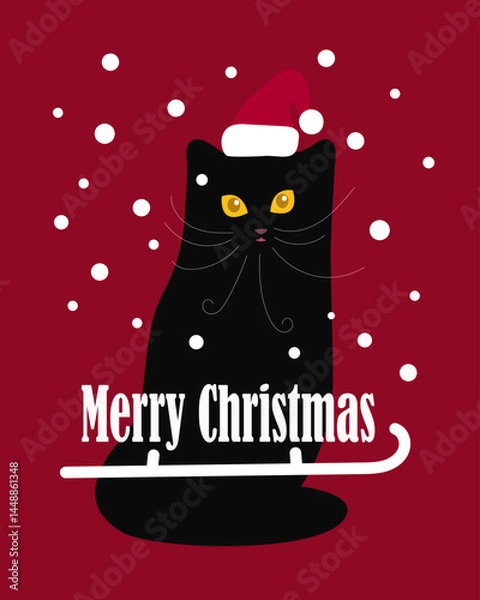 Obraz Vector illustration of a black cat in a Santa Claus hat on a red background. Merry Christmas card. Black cat party

