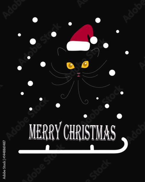 Obraz Vector illustration of a black cat in a Santa Claus hat on a red background. Merry Christmas card. Black cat party

