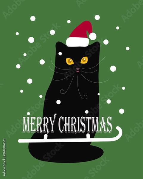 Obraz Vector illustration of a black cat in a Santa Claus hat on a red background. Merry Christmas card. Black cat party

