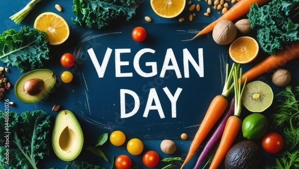 Fototapeta Vegan Day Celebration: Bold Chalkboard & Rainbow Produce on Cobalt Blue – A Plant-Based Feast for the Eyes