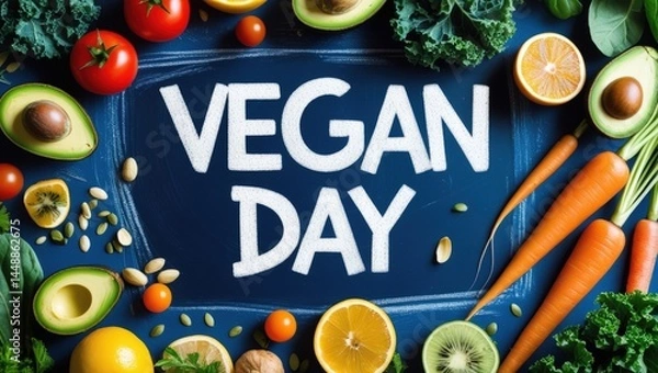 Fototapeta Vegan Day Celebration: Bold Chalkboard & Rainbow Produce on Cobalt Blue – A Plant-Based Feast for the Eyes