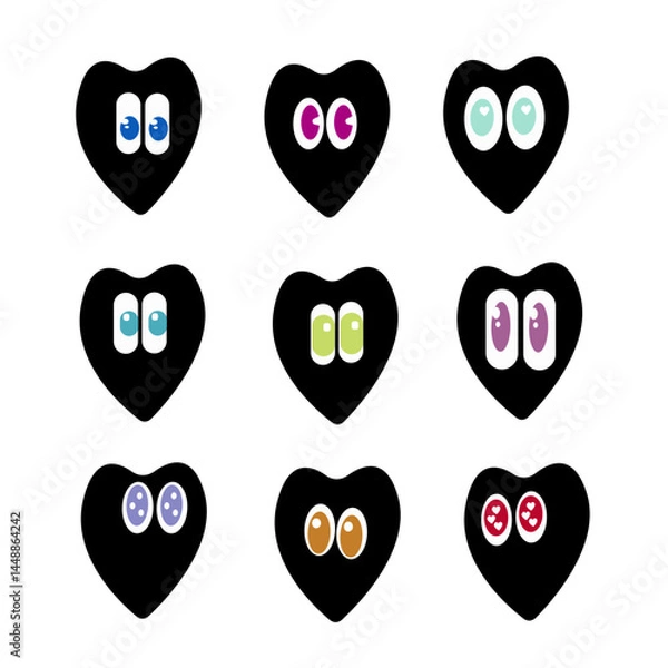 Fototapeta Valentine day.Cute romantic hearts with eyes for logo or sticker vector set. isolated on white