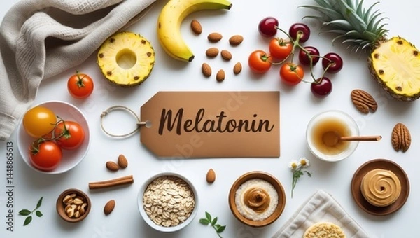 Fototapeta Sleep Well Flat-Lay: ‘MELATONIN’ Tag with Dreamy Foods on Crisp White for Restful Nights