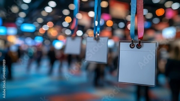 Fototapeta Blank badges hanging from colorful ribbons with a blurry background of a crowded convention floor