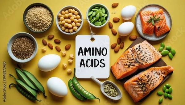 Fototapeta Essential Amino Acids: Vibrant Flat-Lay of Protein-Rich Foods on Sunny Yellow