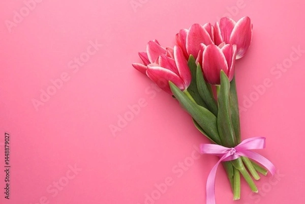 Fototapeta Bouquet of beautiful tulips on pink background, top view. Space for text