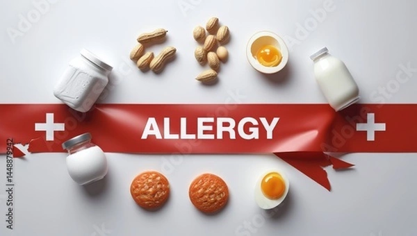 Fototapeta Allergen Warning: High-Contrast Red/White Product Shot of Common Allergy Foods with Bold Caution Tape