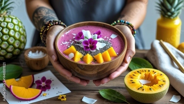 Fototapeta Vibrant Vegan Dragon Fruit Smoothie Bowl: Tropical Handcrafted Elegance with Artful Melon Carving