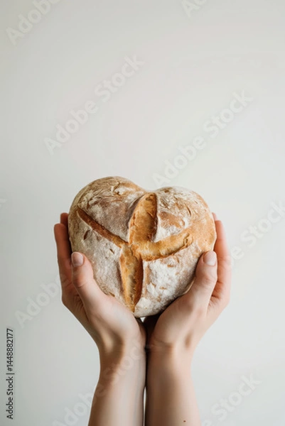 Fototapeta Woman holding rustic round bread in hands, minimalist style