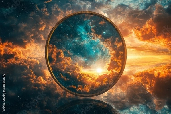 Fototapeta Surreal cosmic portal in dramatic sky with vivid clouds and stars